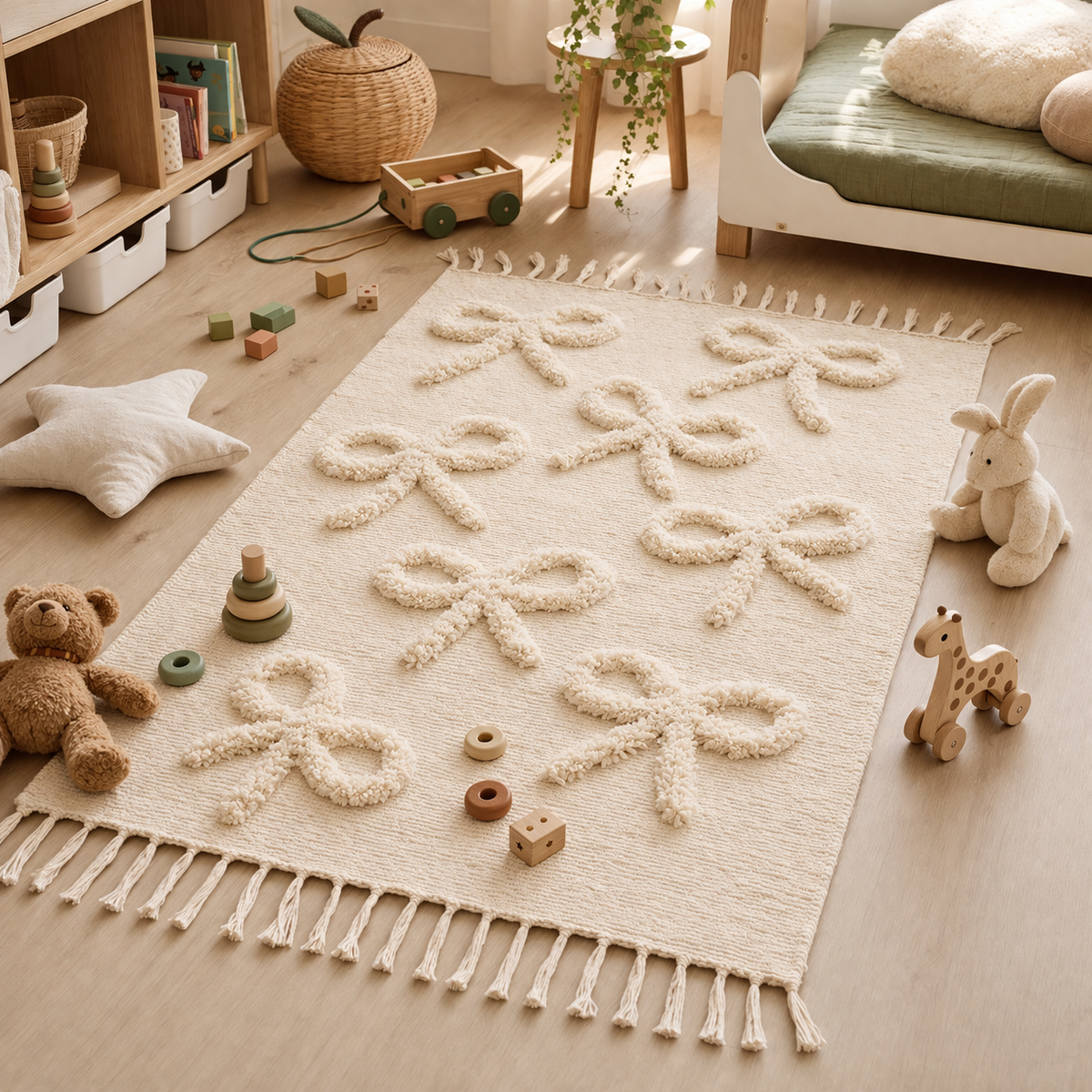 Kids Cotton Rug with Bow Pattern — Beige Fringe Carpet