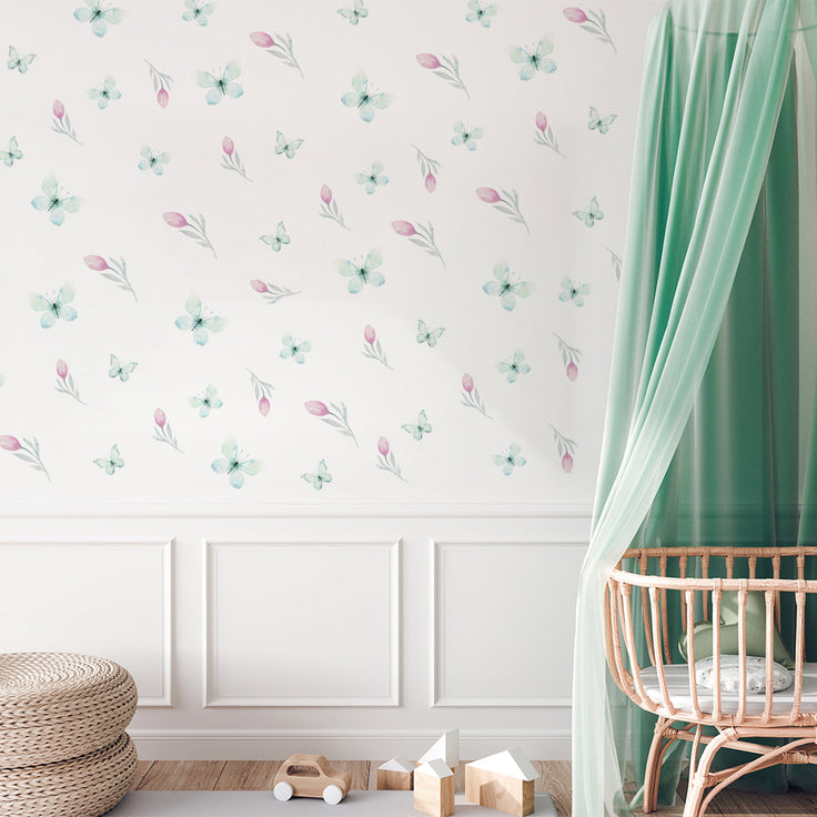 kids bedroom wall stickers, nursery wall stickers, wall stickers, wall decal , wall tattoo, butterflies wall sticker, butterflies and tulips wall sticker, butterflies and flowers wall sticker, girls wall sticker, wall stickers with butterflies and flowers, scandinavian wall stickers, kids bedroom ideas, nursery ideas, nordic wall stickers, wall decor ideas