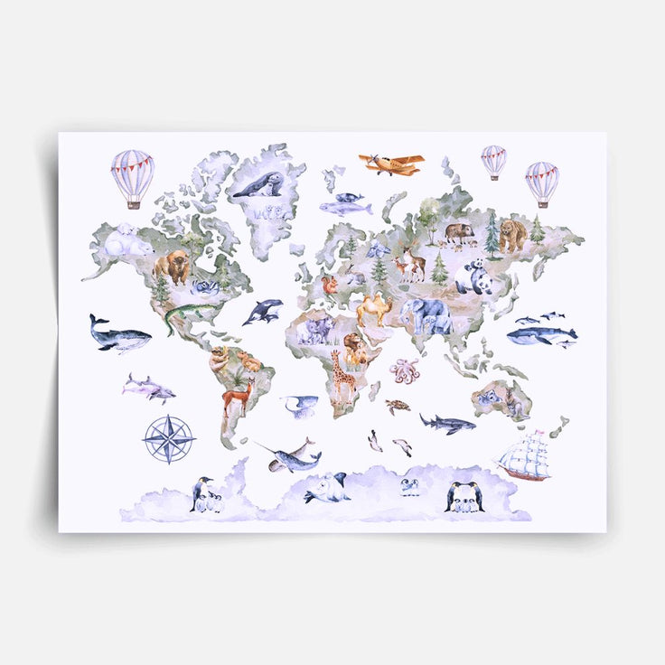Watercolour world map - Fine Art Print