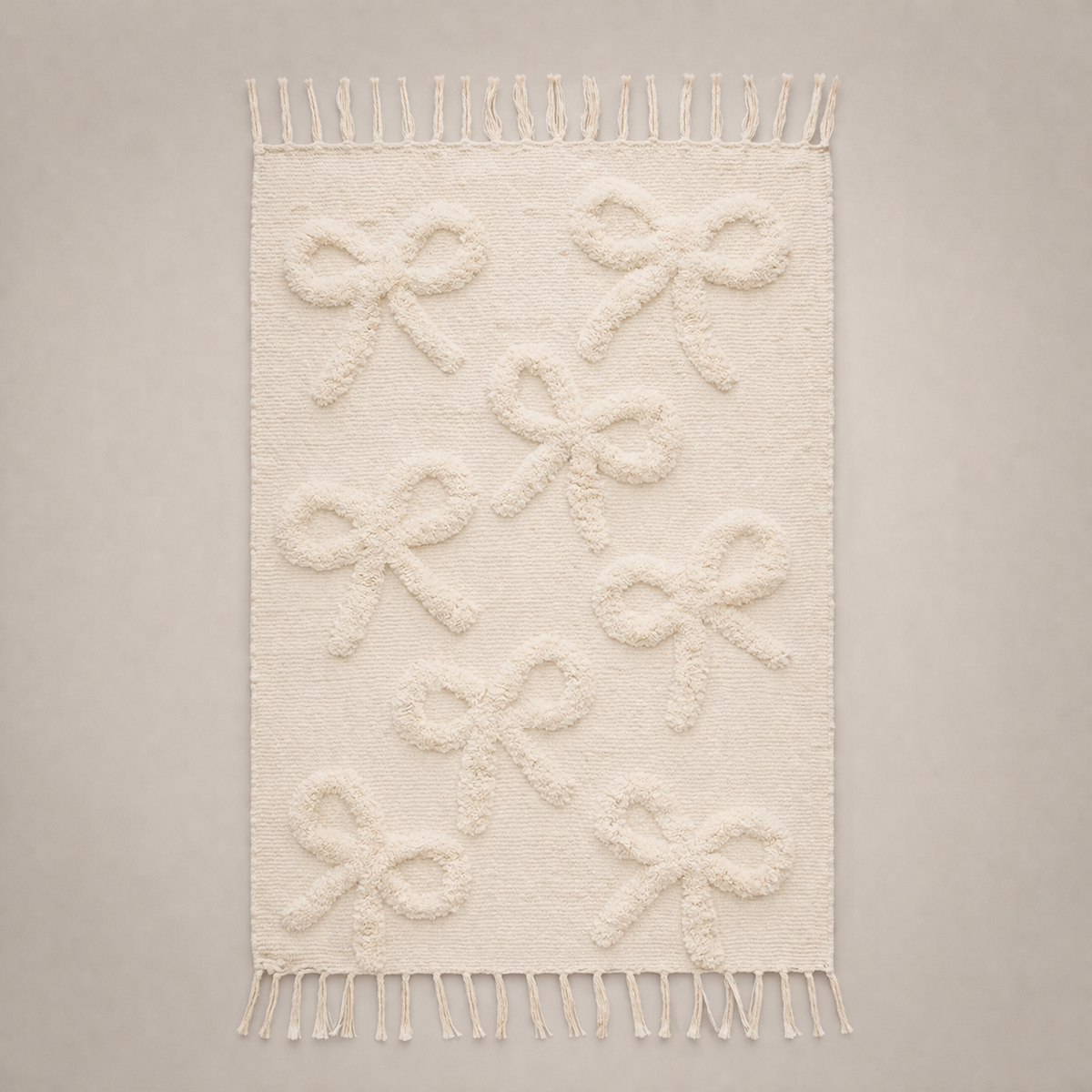 Kids Cotton Rug with Bow Pattern — Beige Fringe Carpet