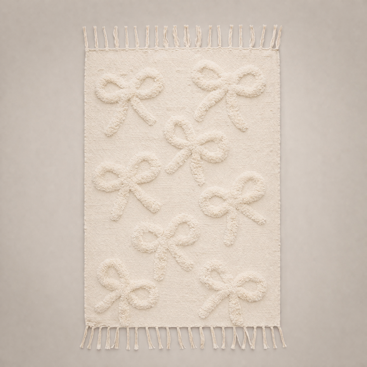 Kids Cotton Rug with Bow Pattern — Beige Fringe Carpet