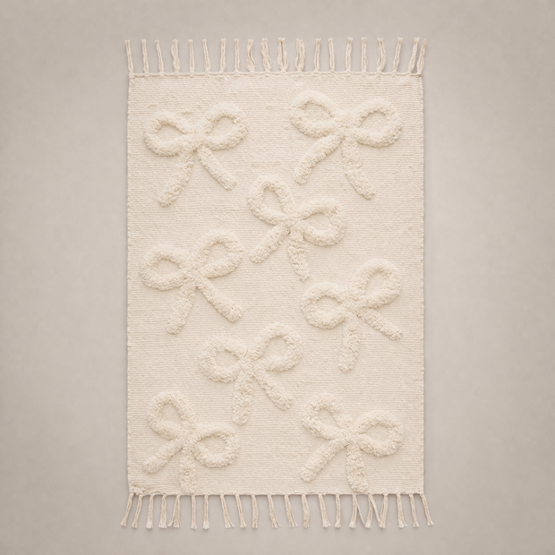 Kids Cotton Rug with Bow Pattern — Beige Fringe Carpet
